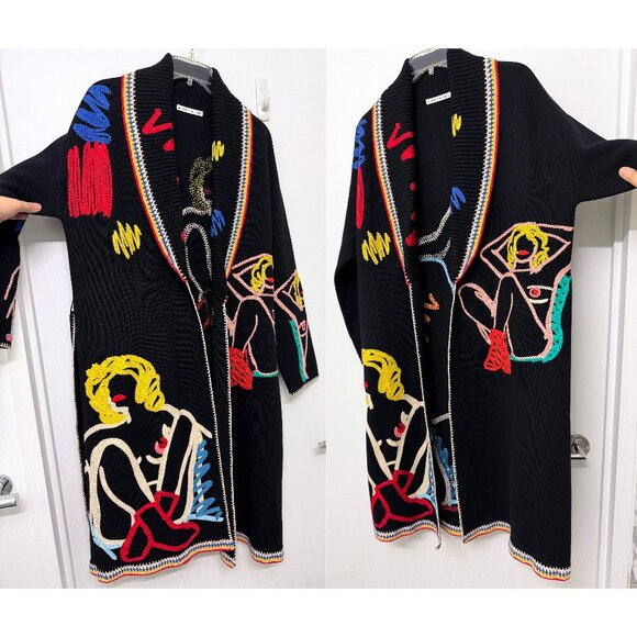 Alice + Olivia Tom Wesselmann Astrid Cardigan Sweater Black Natural Beauty L - Picture 5 of 16